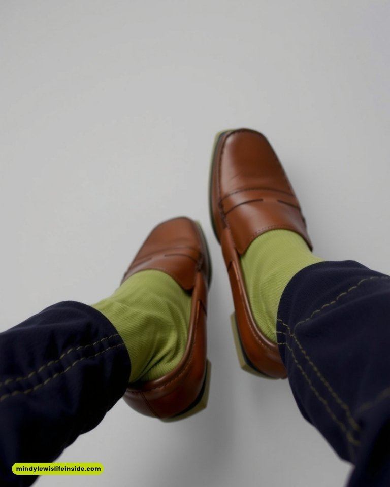 Brown loafers with light green socks, worn by someone in blue pants with stitched details. The mood is casual and stylish, focused on footwear.