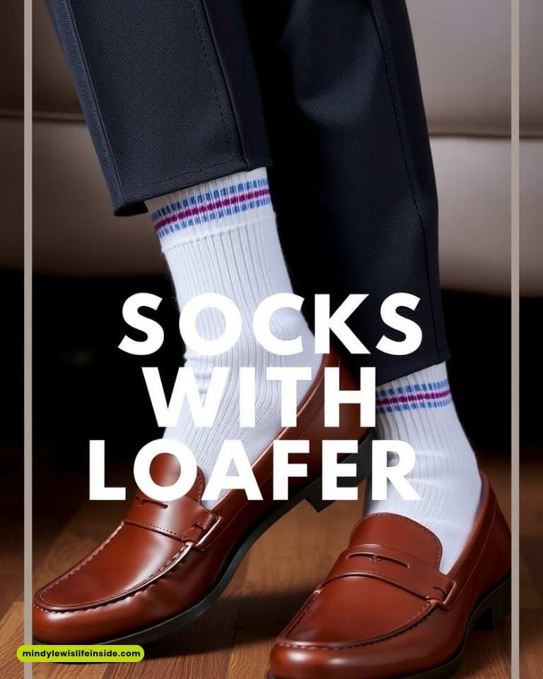 Close-up of brown loafers paired with white socks featuring blue and red stripes, worn with dark pants. Bold text reads "Socks with Loafer" adding a casual vibe.