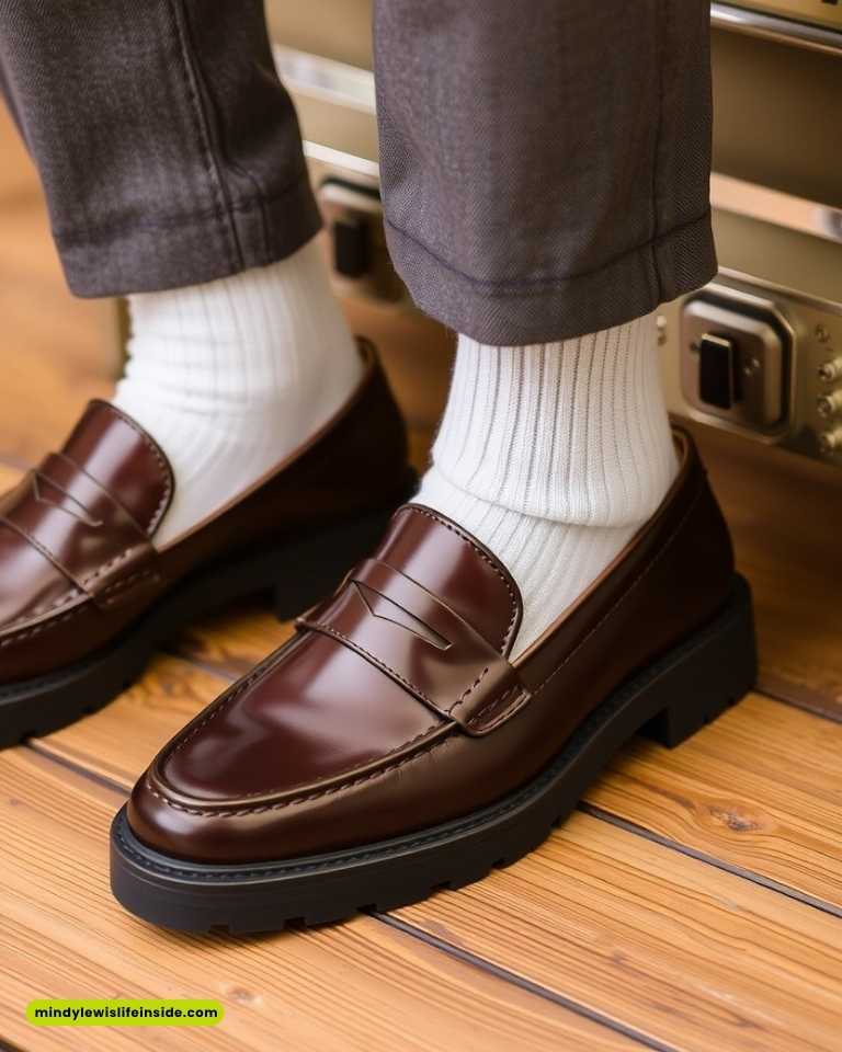 Person wearing glossy brown loafers with thick black soles, paired with white ribbed socks and dark trousers. The setting is a wooden floor, conveying a stylish, casual tone.