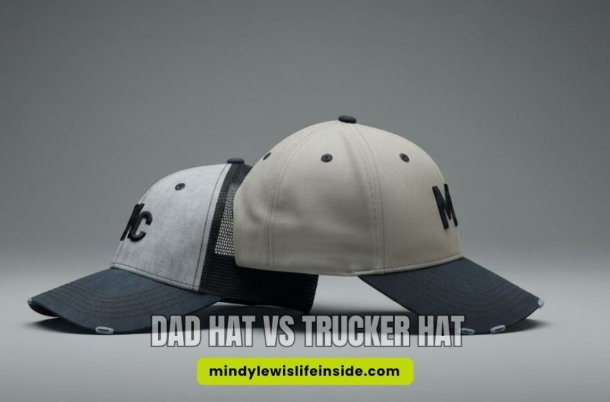 Two hats on a gray background: a gray trucker hat with mesh back and a beige dad hat, both with "MC" logos. Text reads "Dad Hat vs Trucker Hat."