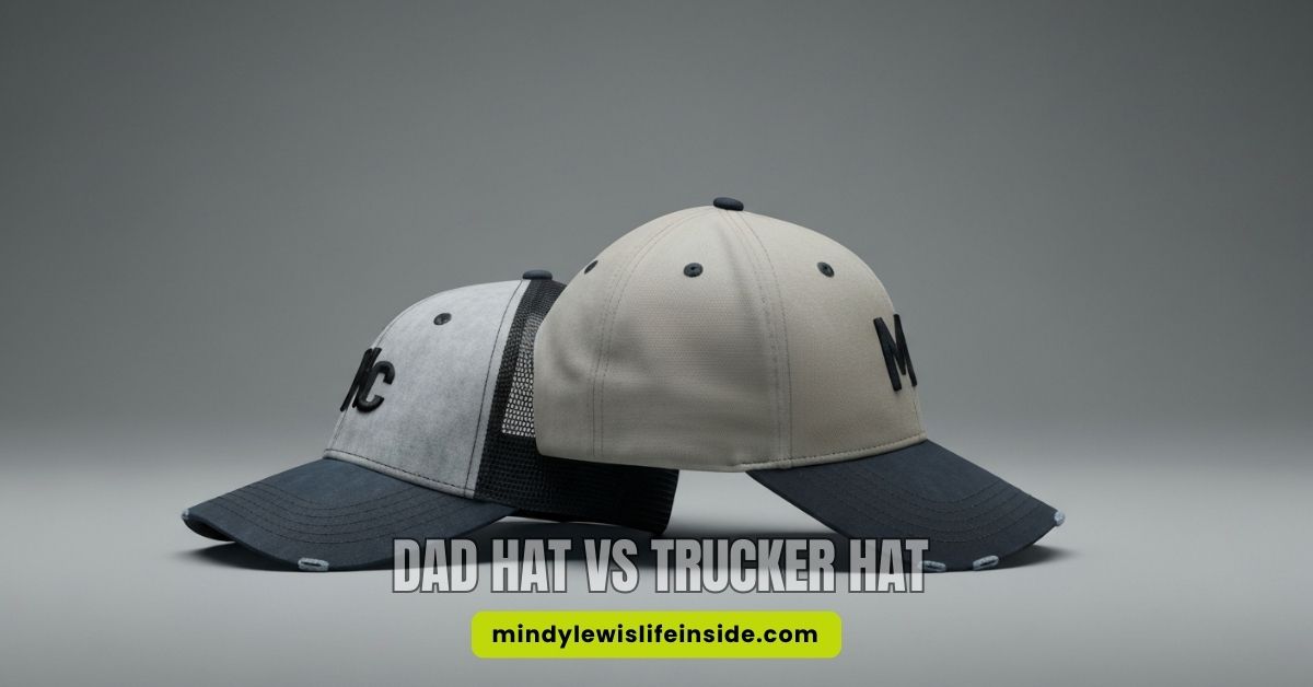 Two hats on a gray background: a gray trucker hat with mesh back and a beige dad hat, both with "MC" logos. Text reads "Dad Hat vs Trucker Hat."