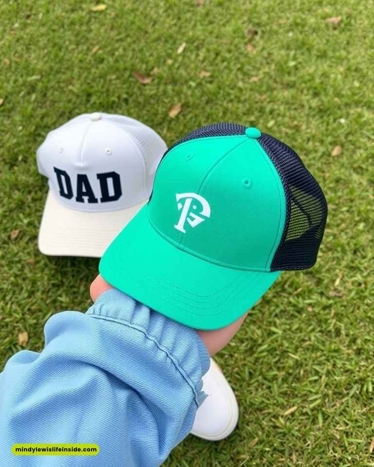 A person holds a green and black cap with a white logo on grass. A white cap with "DAD" written on it lies nearby. The mood is casual and playful.