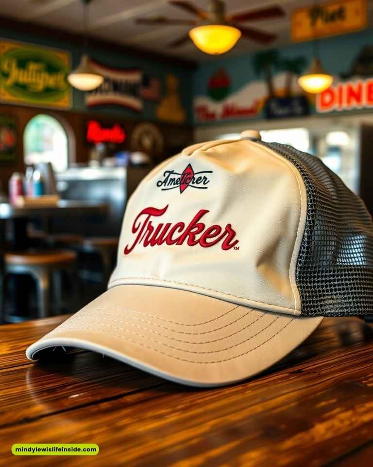 A beige trucker cap with "Amateur Trucker" in red script rests on a wooden table. The background features a cozy diner with vintage decor.