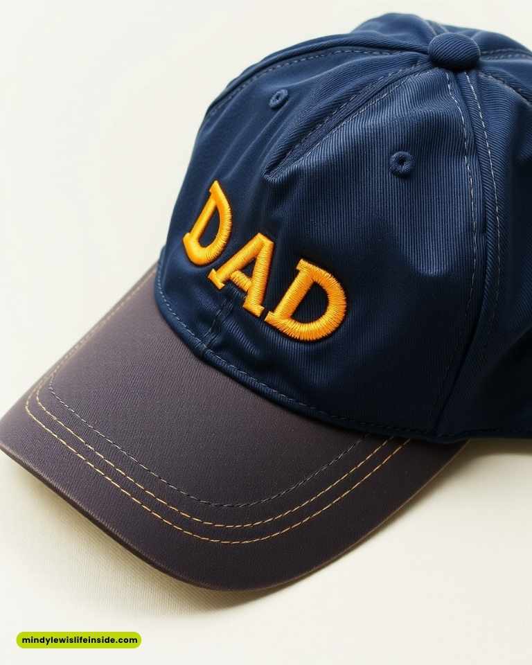 Navy blue baseball cap with "DAD" in bold yellow embroidery on the front. The cap features contrasting brown brim with yellow stitching, conveying a casual, warm tone.