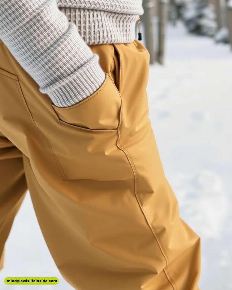 Close-up of a person wearing tan snow pants and a white knit sweater with one hand in a pocket, standing in a snowy, forested area.