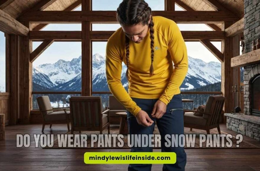 Man in a cozy, rustic cabin with mountain views adjusts his pants. A fireplace glows nearby. Text asks, "Do you wear pants under snow pants?"