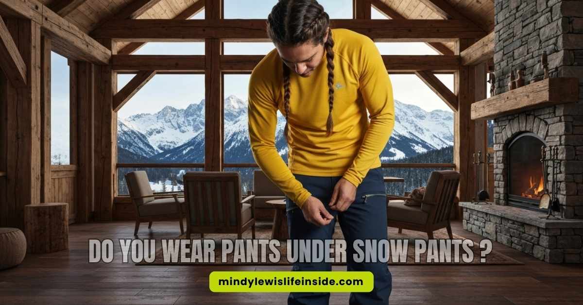 Man in a cozy, rustic cabin with mountain views adjusts his pants. A fireplace glows nearby. Text asks, "Do you wear pants under snow pants?"