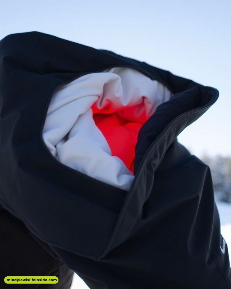 Close-up of a black jacket with a bright red and white interior, against a snowy landscape and clear sky. The scene is crisp and vibrant.