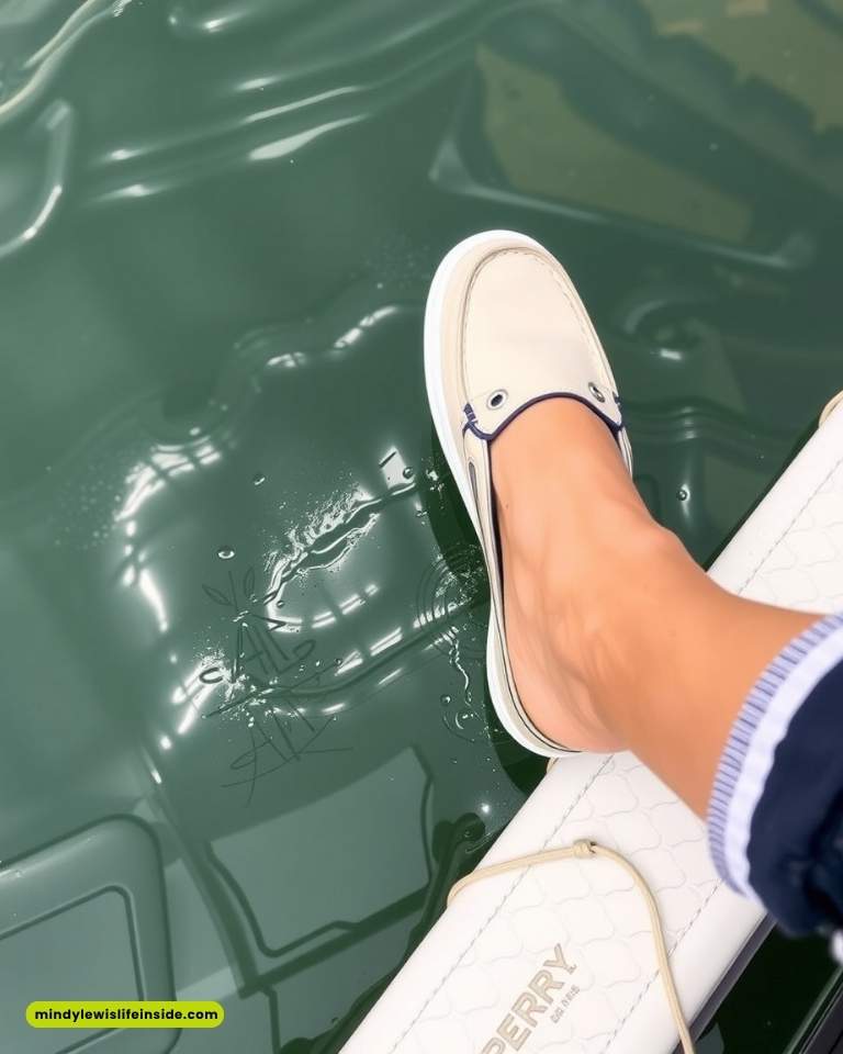 A person's foot in a white boat shoe rests on the side of a boat, with rippling green water in the background. The scene conveys a relaxed, nautical vibe.