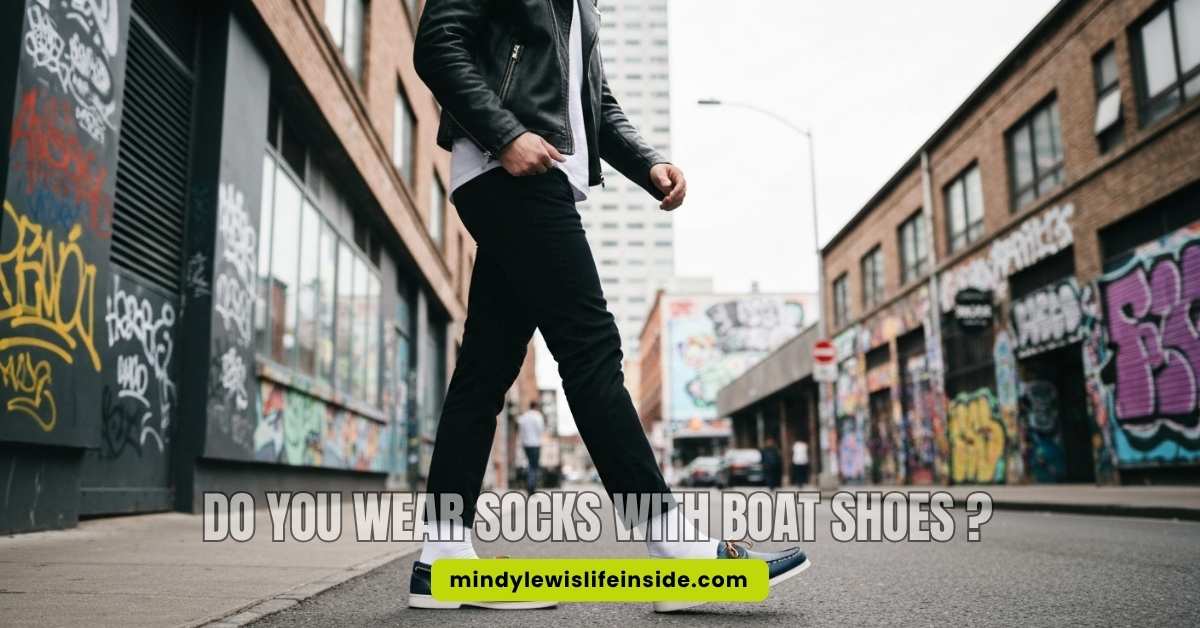 A person in a leather jacket walks down a graffiti-filled urban street, wearing black pants and blue loafers, conveying a trendy and casual vibe.