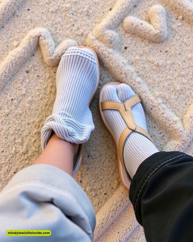 Two feet in socks and sandals rest on sand with a heart drawing. One foot has socks tucked in, conveying a casual, playful summer vibe.