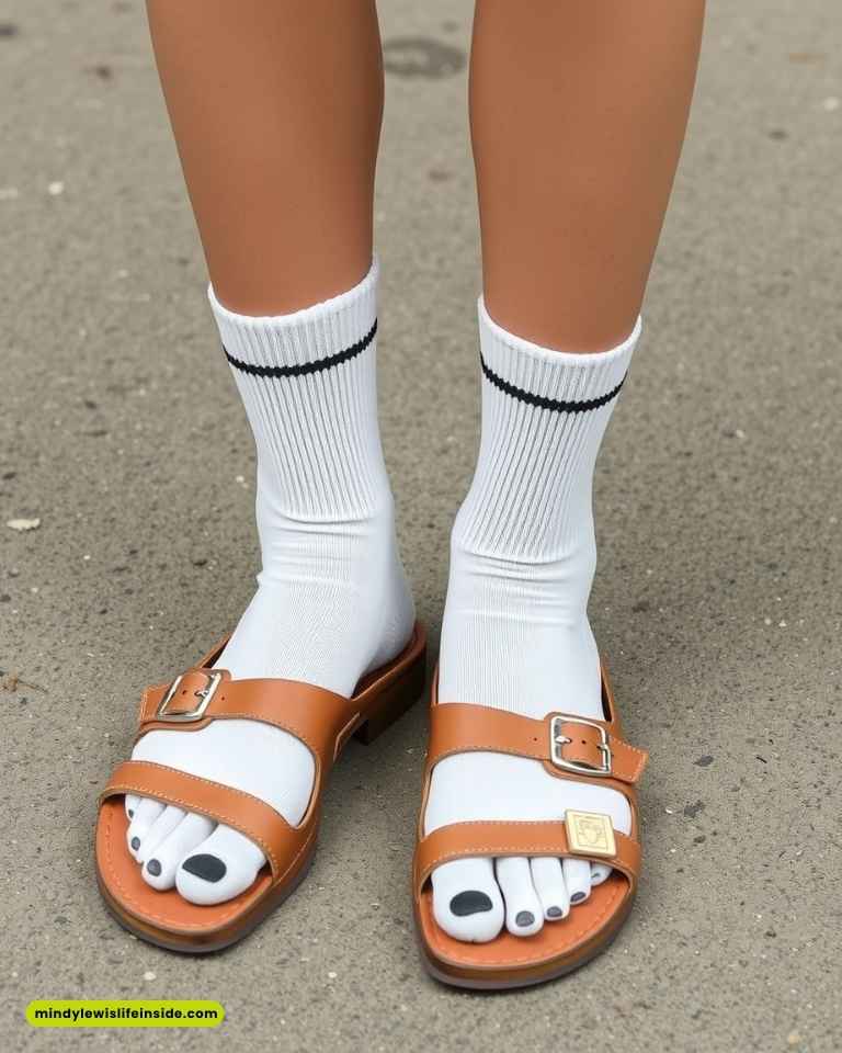 Person wearing brown sandals with white socks featuring a black stripe, standing on a speckled concrete surface. Toes are painted black. Casual and quirky tone.