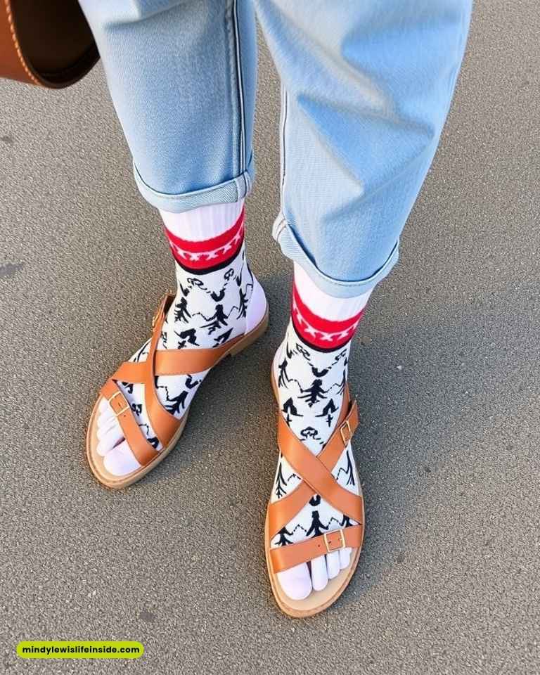Person wearing light blue jeans, rolled up to reveal quirky socks with abstract designs and red stars. Sandals with brown straps complete the playful look.