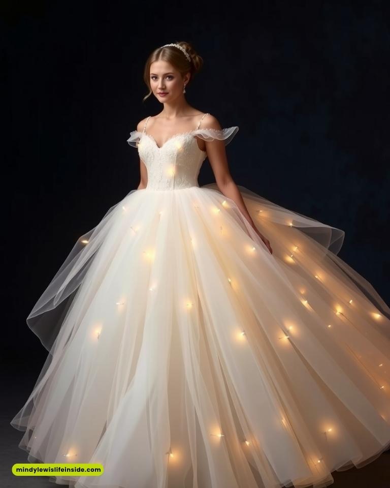 A woman in a luminous white ball gown, adorned with small glowing lights, stands against a dark background, exuding elegance and enchantment.