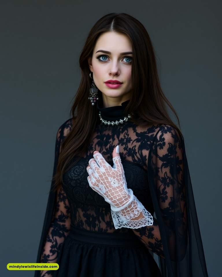 Woman in black lace dress, wearing a pearl necklace and white lace gloves, stands against a gray background. She appears poised and elegant.