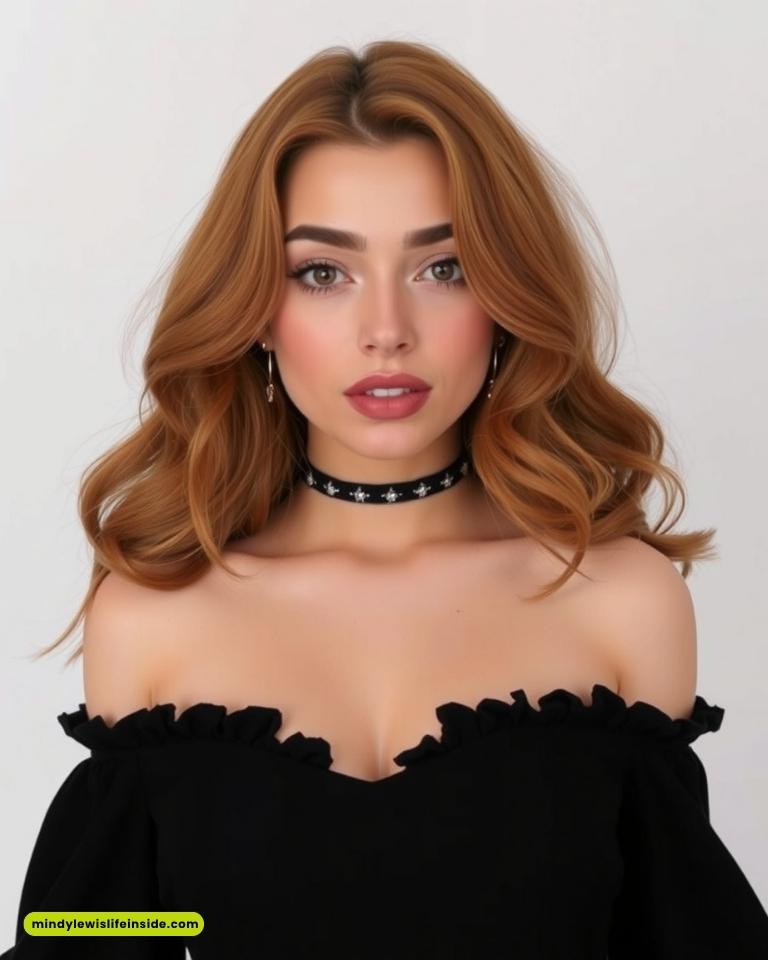 Woman with wavy auburn hair and dark eye makeup, wearing an off-shoulder black top and a dark choker, exudes confidence against a plain backdrop.