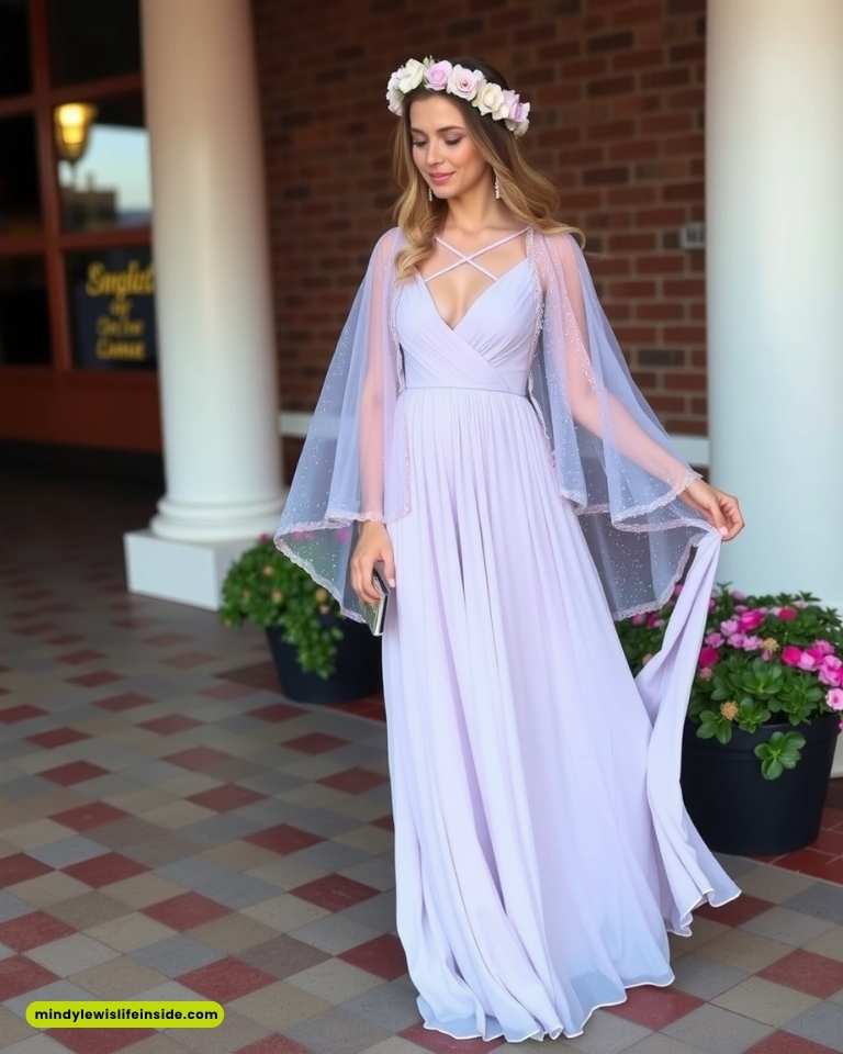 A woman in a flowing lavender gown with sheer sleeves stands on a checkered patio. She wears a floral crown, exuding elegance and serenity.