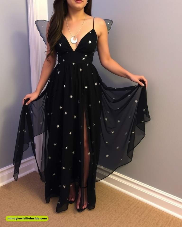 A woman in a black dress adorned with silver stars stands in a room. Her dress, featuring sheer wings and a crescent moon necklace, has a flowing, elegant cut.