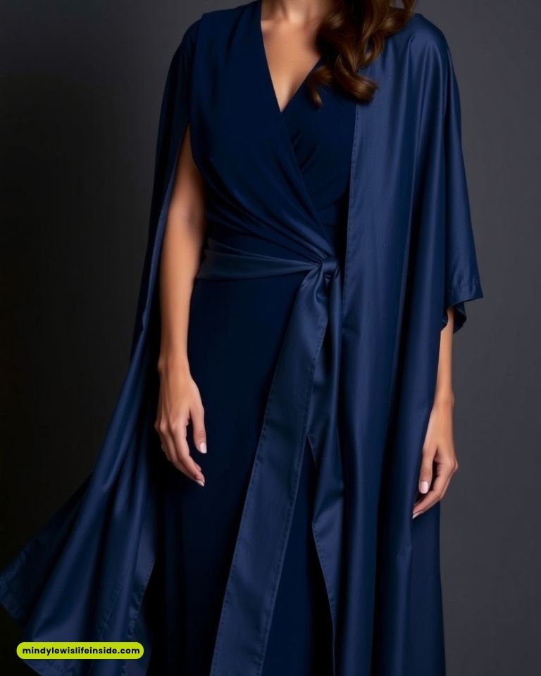 A woman in an elegant dark blue gown with a cape and tied waist. The fabric is smooth and shiny, exuding a sophisticated and graceful feel.