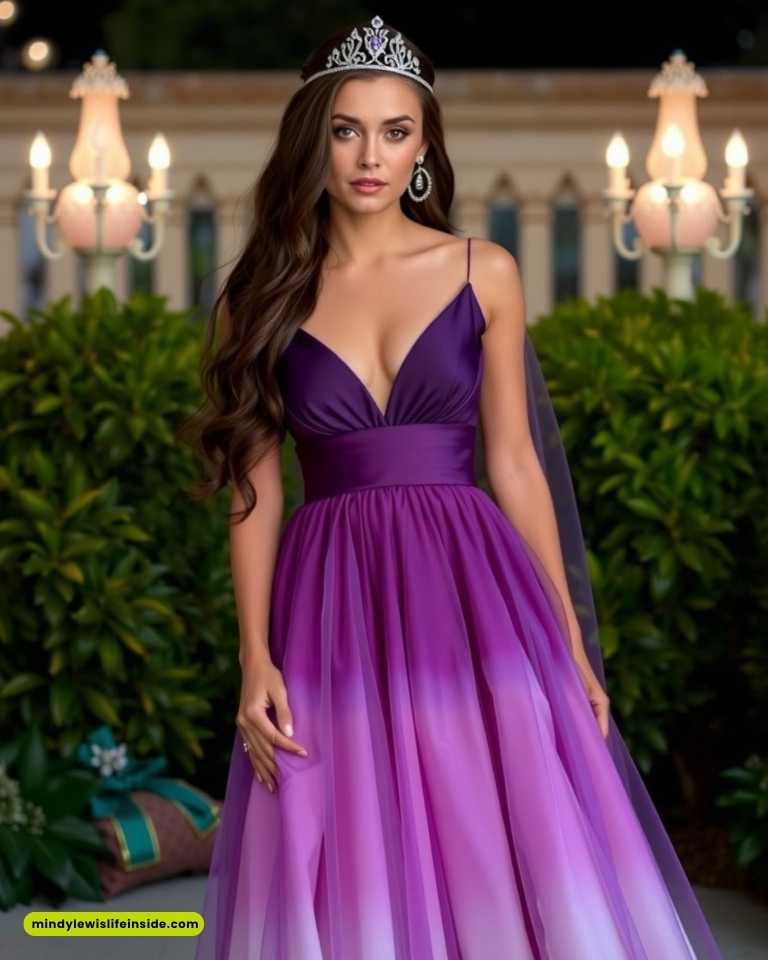 A woman in an elegant purple ombre gown and a jeweled tiara stands outdoors, flanked by greenery and soft lighting from nearby chandeliers.