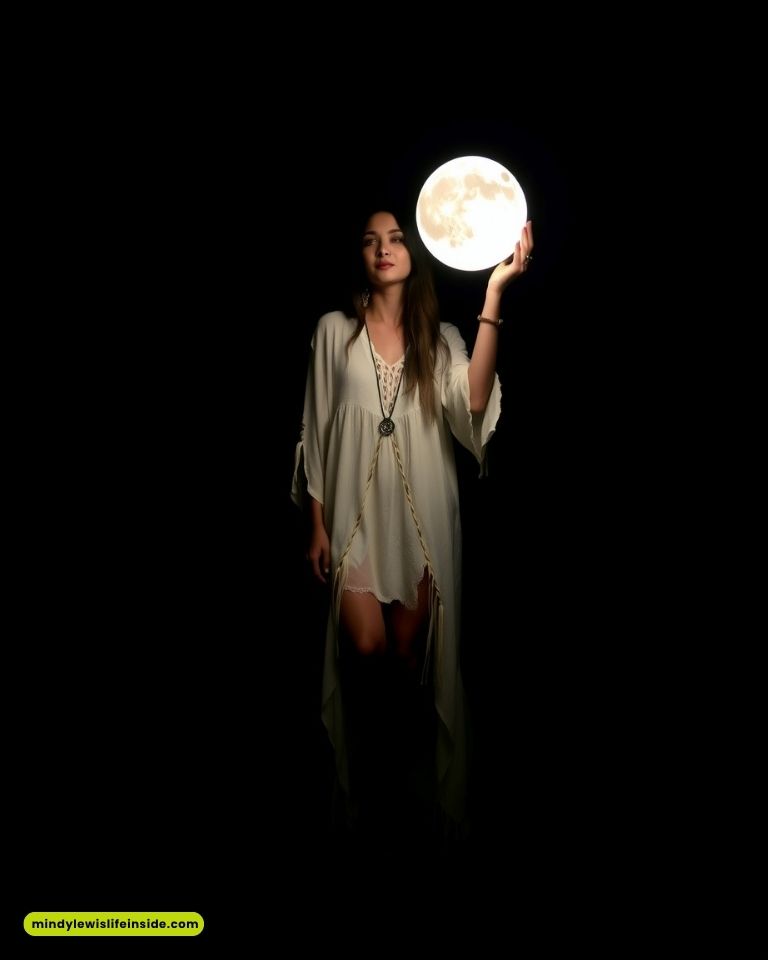 A woman in a white dress stands in darkness, holding a luminous full moon in her hand, creating a mystical and serene atmosphere.