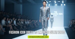 A male model walks confidently on a lit runway, wearing a sleek, metallic silver suit. The audience watches attentively. Text overlays the scene.