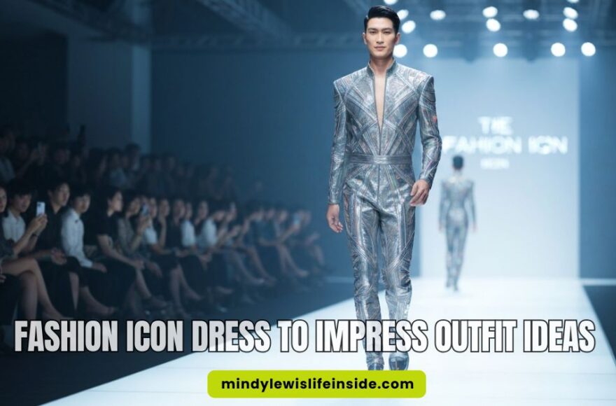 A male model walks confidently on a lit runway, wearing a sleek, metallic silver suit. The audience watches attentively. Text overlays the scene.