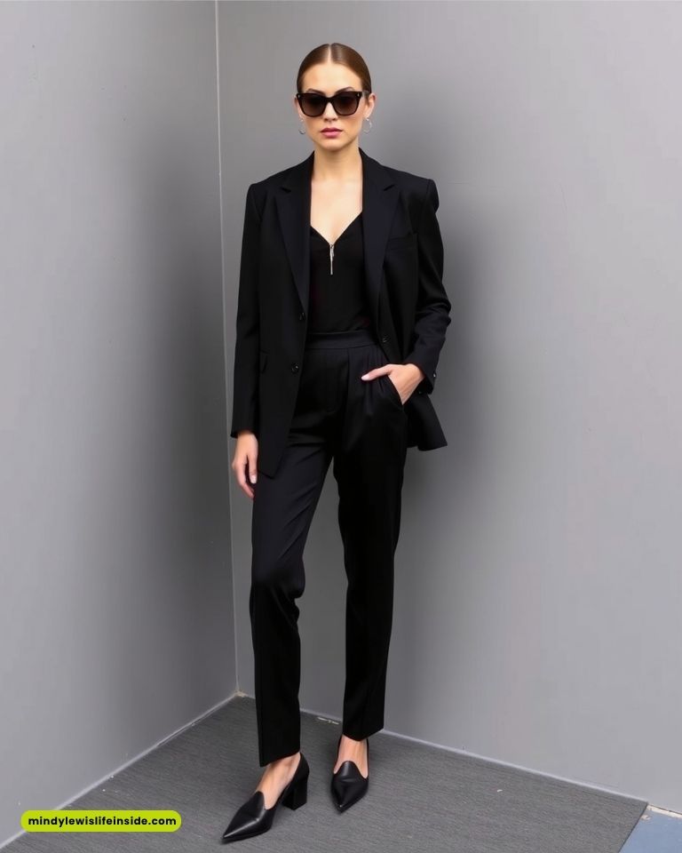 A person stands confidently against a gray corner wall, wearing a sleek black suit, black pointed shoes, and large sunglasses, conveying a stylish, modern vibe.