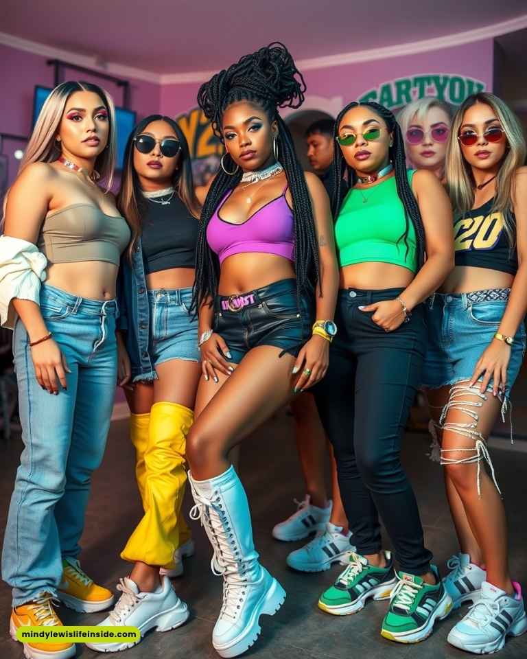 A group of five stylish women wearing vibrant crop tops and trendy bottoms pose confidently. The colorful room and their expressive fashion convey a lively, bold vibe.