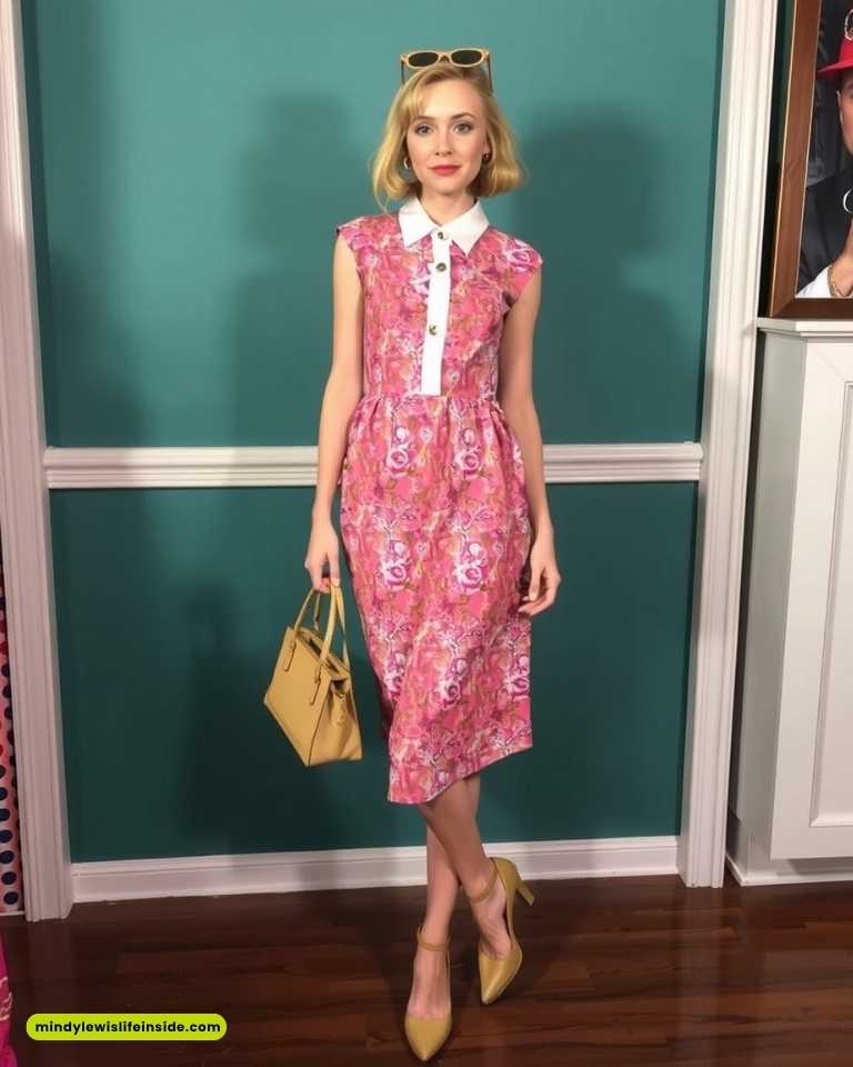 Woman in a pink floral dress, white collar, holding a yellow handbag. She poses confidently in a vintage style room, exuding retro elegance.