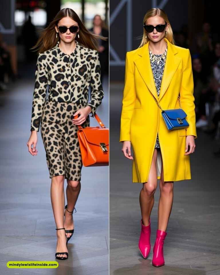 Two models on a runway. Left wears a leopard print outfit with orange bag; right wears a yellow coat with blue bag and pink boots. Stylish and bold.