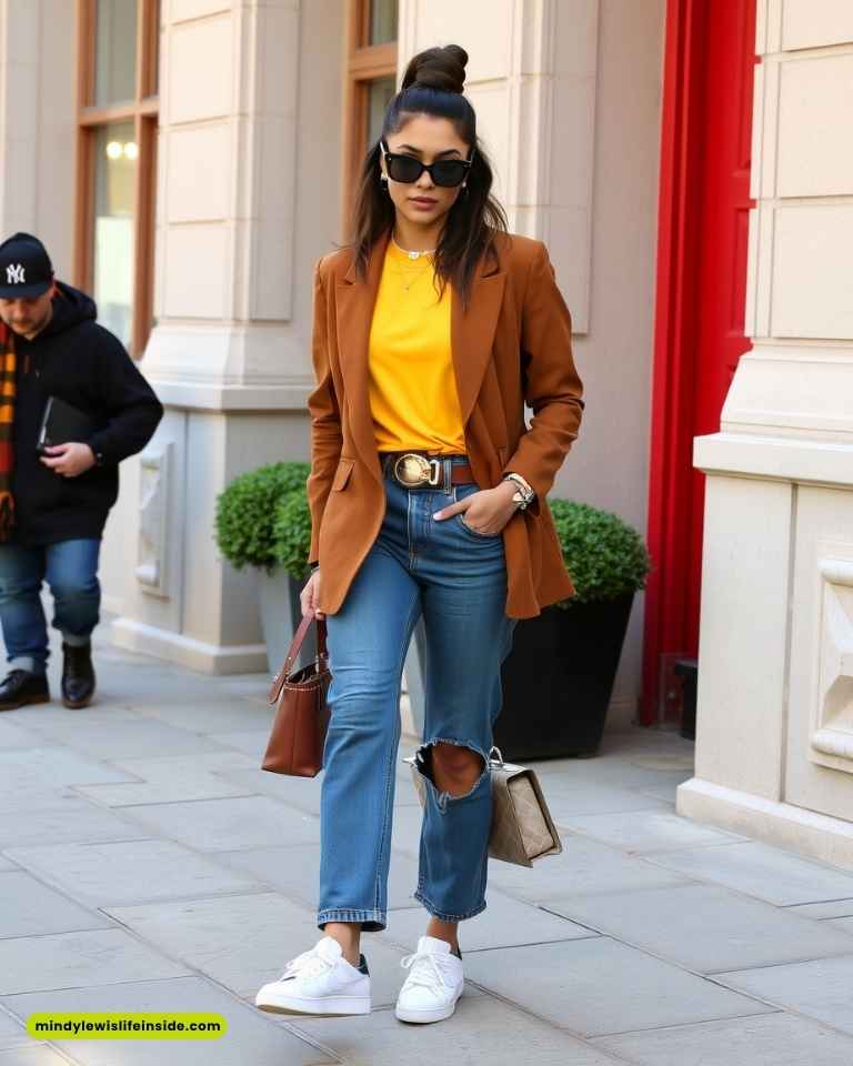 A stylish woman walks confidently, wearing sunglasses, a brown blazer, yellow top, and ripped jeans. She carries a handbag and exudes a chic urban vibe.