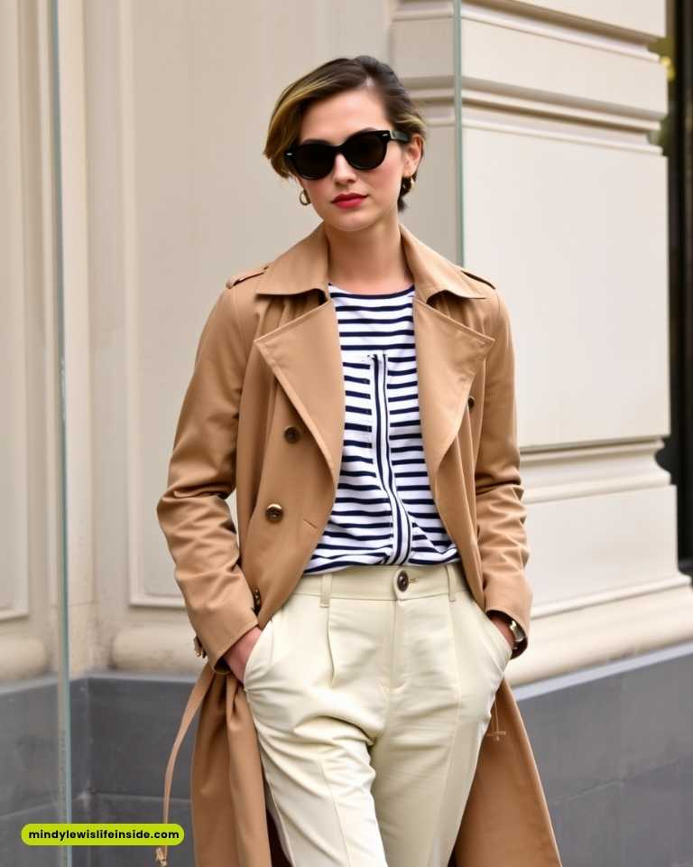 A stylish person stands confidently against a building, wearing sunglasses, a tan trench coat, striped shirt, cream pants, conveying a chic, urban vibe.