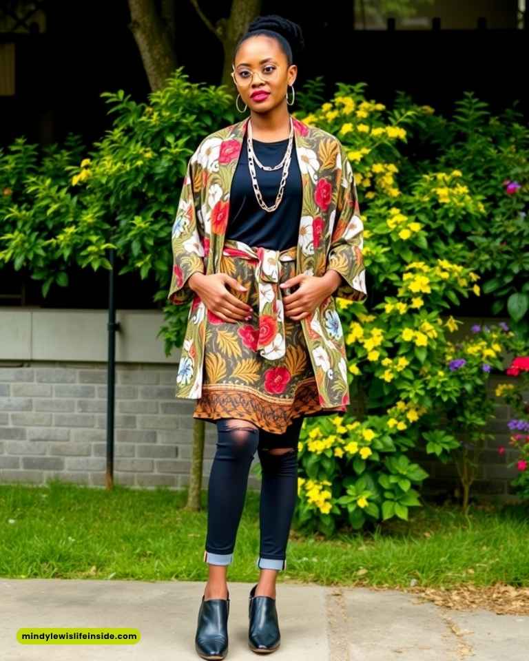 A person stands confidently outdoors, wearing a colorful floral kimono, black leggings, and ankle boots, set against a lush, green background of flowering bushes.