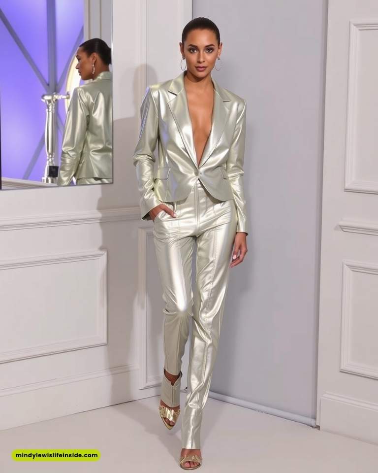 A woman in a shimmering silver suit poses confidently, with hands in pockets, against a white paneled wall. Elegant and modern fashion vibe.