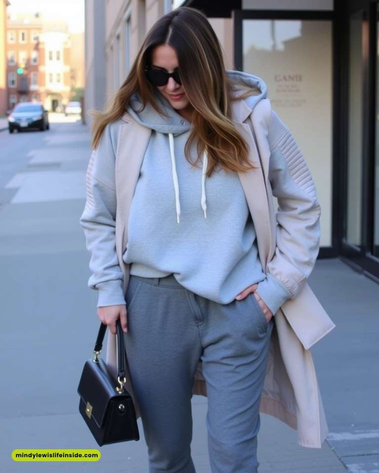 Woman in urban setting wearing a light gray hoodie, matching joggers, and a beige coat. She carries a black handbag, exuding a casual, stylish vibe.