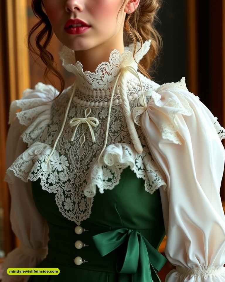 Woman in elegant vintage attire with a high lace collar, intricate white lace bodice, and puffy sleeves. The green dress has pearl buttons and a bow.