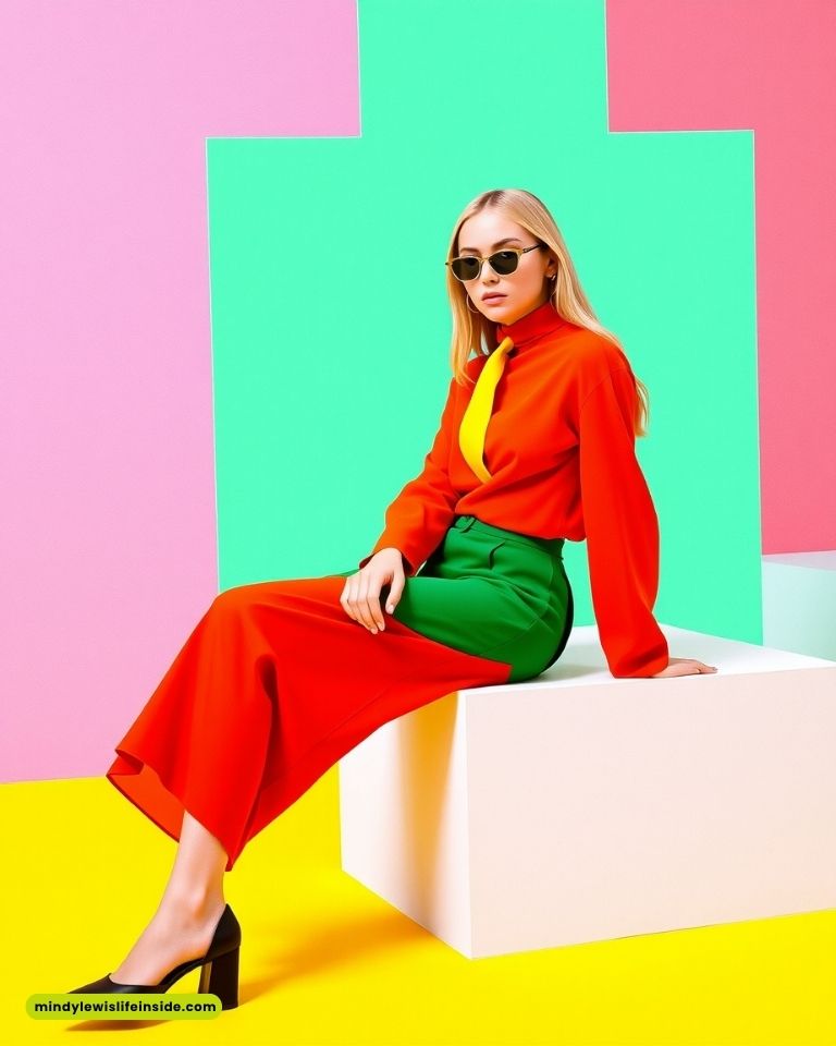 A woman in a vibrant red outfit with a green skirt and yellow tie sits on a white block. She wears sunglasses, exuding a stylish, modern vibe against a colorful geometric background.