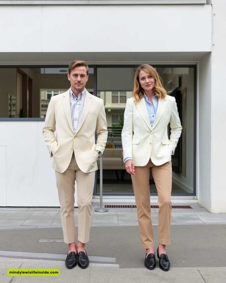 Two people stand confidently outside a modern building. Both wear neutral-toned suits and black loafers, exuding professionalism and poise against a sleek backdrop.