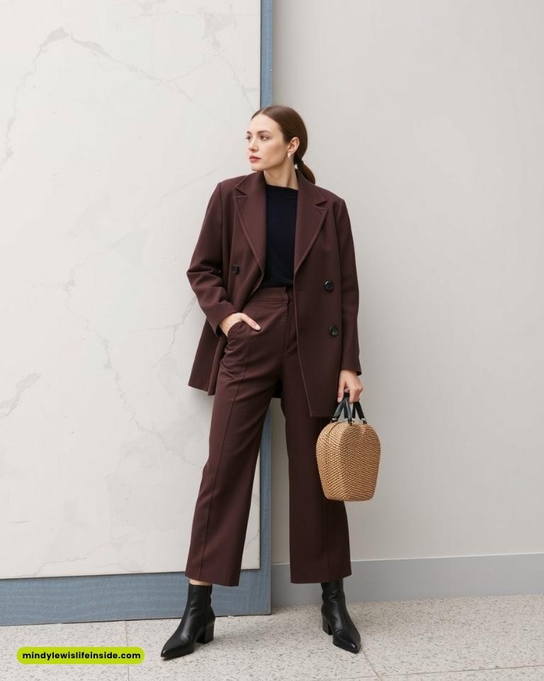 Woman in a burgundy suit and black boots stands against a marble wall, holding a woven handbag. She exudes a stylish and confident vibe.