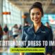 Smiling flight attendant in a neat uniform stands in a bright airport with passengers blurred in the background. Text overlay reads, "FLIGHT ATTENDANT DRESS TO IMPRESS."