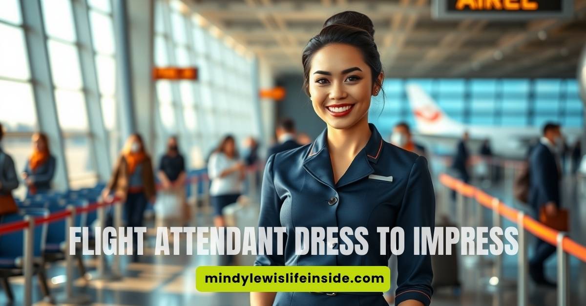 Smiling flight attendant in a neat uniform stands in a bright airport with passengers blurred in the background. Text overlay reads, "FLIGHT ATTENDANT DRESS TO IMPRESS."