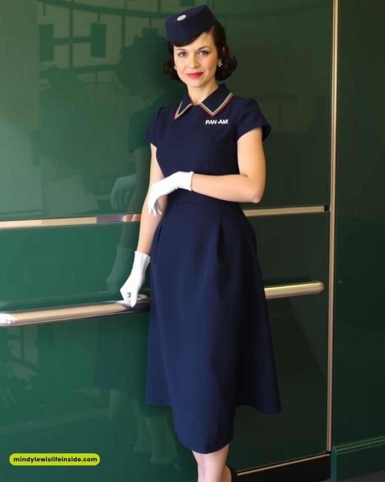 A woman in a vintage navy Pan Am uniform stands confidently against a green wall. She wears a matching hat and white gloves, exuding a classic, elegant 1960s airline style.