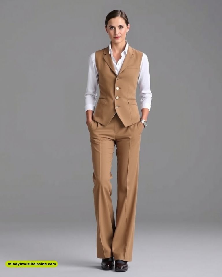 A confident woman in a tan pantsuit stands against a gray background, exuding professionalism and elegance. She wears a white shirt and dark shoes.