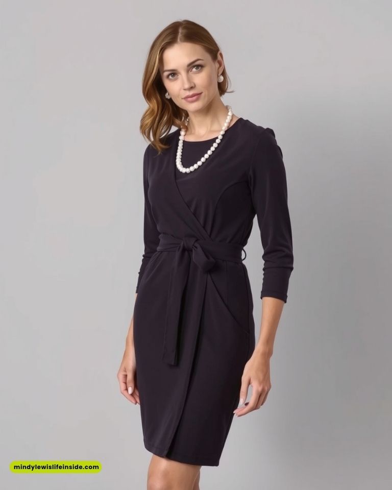 Woman in a dark wrap dress, featuring a tied waist, pearl necklace, and earrings. She has a calm expression, with soft lighting in a neutral background.