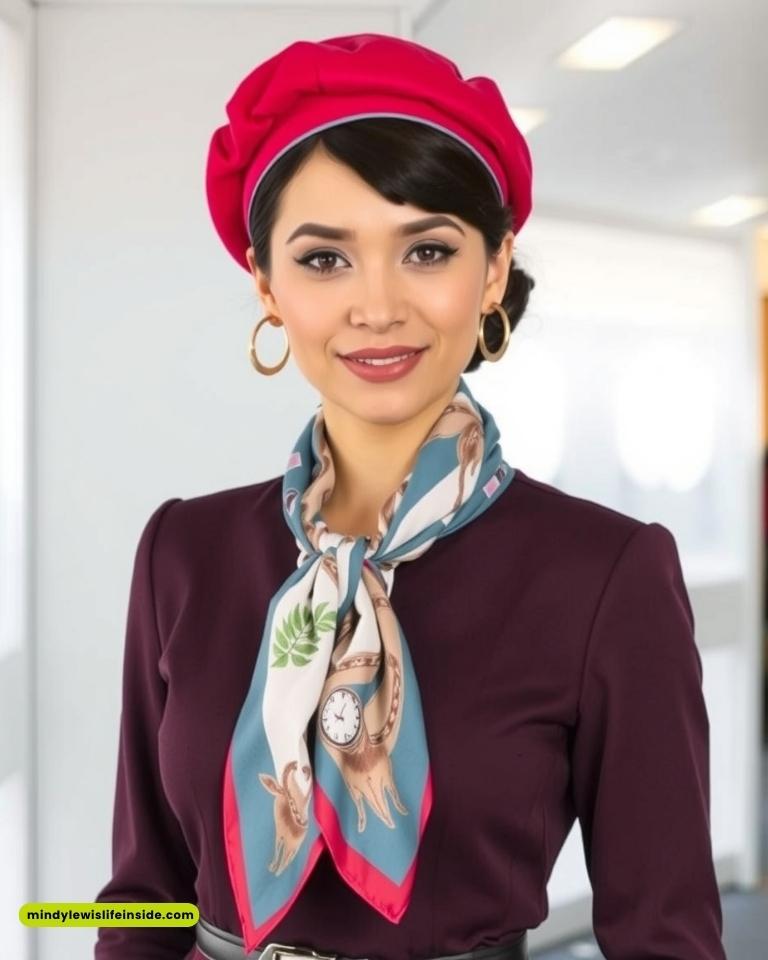 A woman in a bright red beret and maroon top smiles warmly. She wears a patterned scarf with animals and a clock motif, and gold hoop earrings. The setting is a brightly lit room.