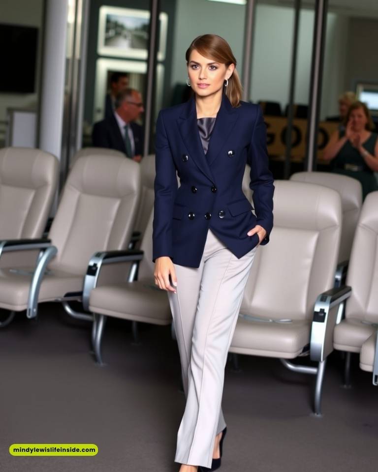 A woman in a navy blazer and light trousers walks confidently in a modern office lobby. Chairs and blurred people in the background convey a professional tone.
