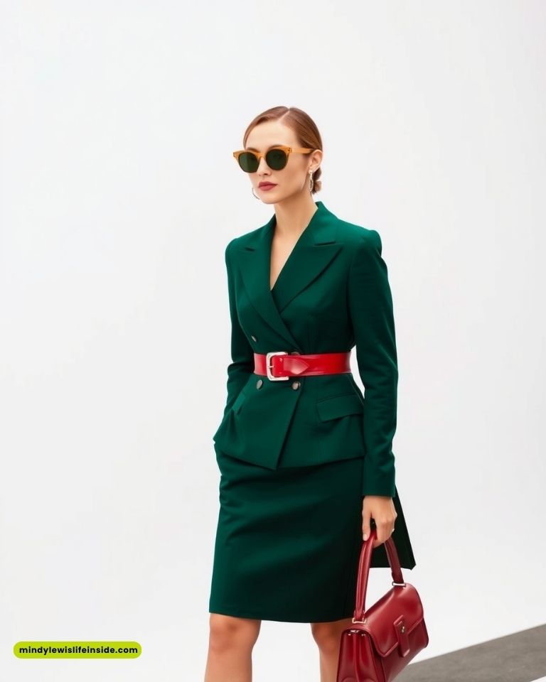 Sophisticated woman in a green suit with a red belt, carrying a red handbag. She's wearing stylish sunglasses, projecting a confident, modern vibe.