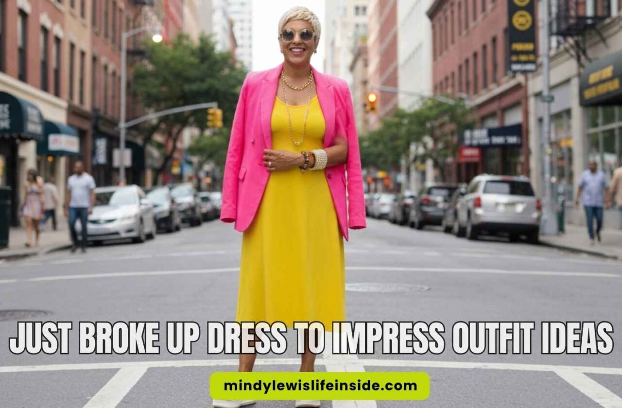 A woman in a vibrant yellow dress and pink blazer stands confidently on a city street, smiling. The scene conveys empowerment and style.