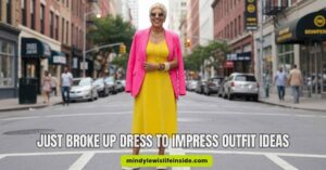 A woman in a vibrant yellow dress and pink blazer stands confidently on a city street, smiling. The scene conveys empowerment and style.